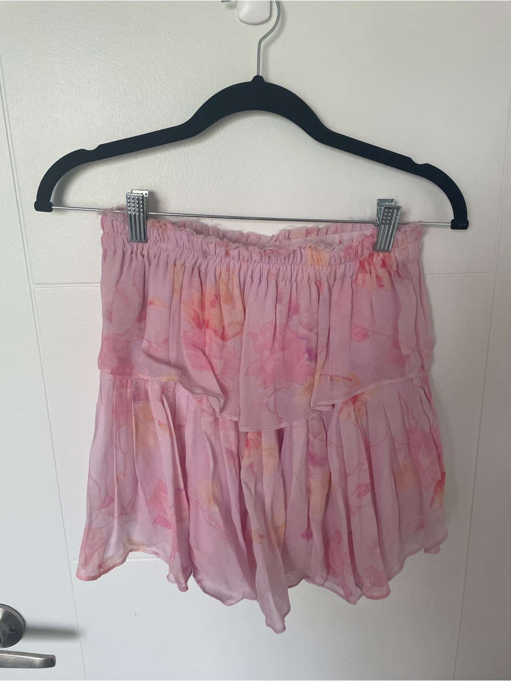 LoveShackFancy Pink Floral Tiered Mini Skirt